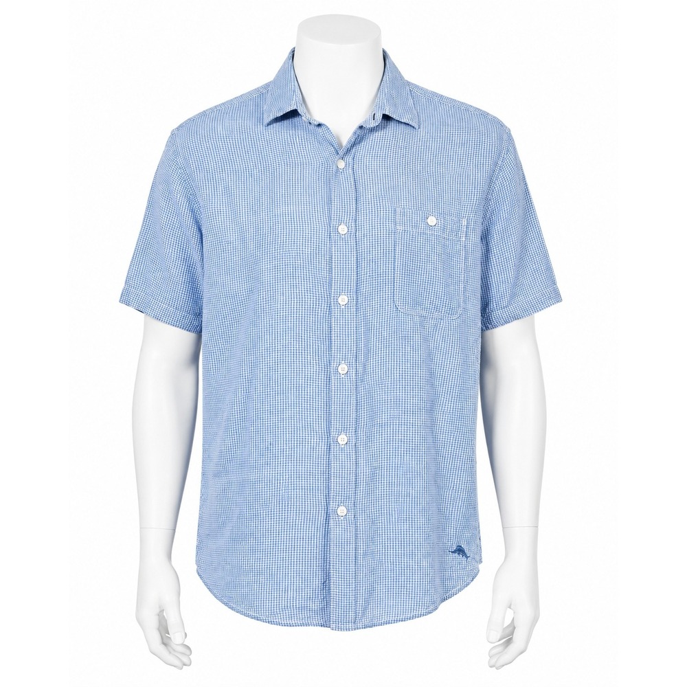 Tommy Bahama XL Blue Gingham Linen Cotton Short Sleeve Button Up Shirt
